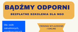 Plakat informujący o bezpłatnych szkoleniach dla organizacji pozarządowych pod hasłem „Bądźmy odporni”. Oferta skierowana jest do osób zatrudnionych, współpracujących oraz wolontariuszek i wolontariuszy stowarzyszeń, fundacji, Kół Gospodyń Wiejskich i Ochotniczych Straży Pożarnych z Podkarpacia. W programie: treningi wyjazdowe i online, sesje edukacyjne, warsztaty zdrowotne oraz szkolenia z psychologiem. Trwa rekrutacja. Projekt „Więcej mocy dla PARASOLA” jest dofinansowany z Programu Fundusze Europejskie dla Podkarpacia 2021–2027.