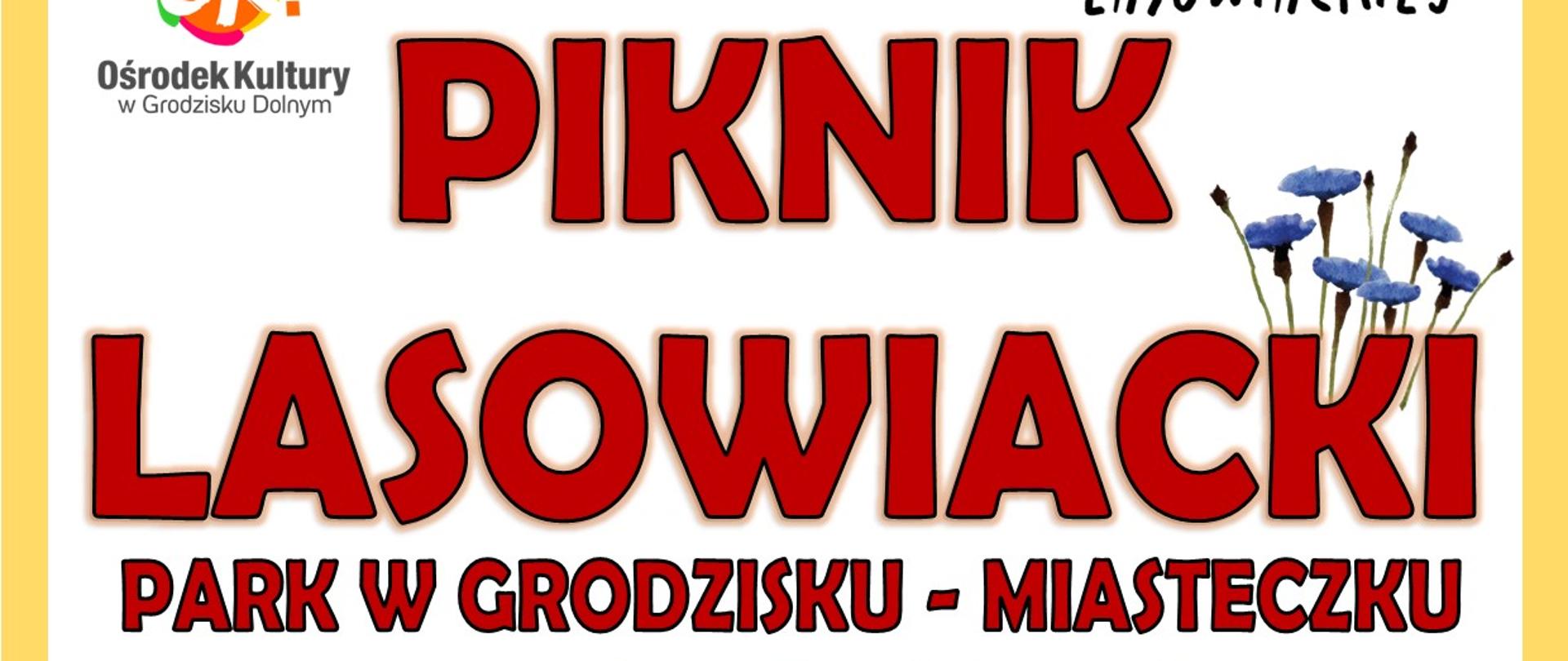 żółte tło czerwone i niebieskie litery zaproszenie na piknik Lasowiacki 