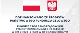 Zdjęcie przedstawia biało czerwoną flagę polski oraz białego orła na czerwonym tyle. Pod tymi grafikami czarnymi literami wykonany napis: dofinansowano ze środków Państwowego Funduszu Celowego. 
