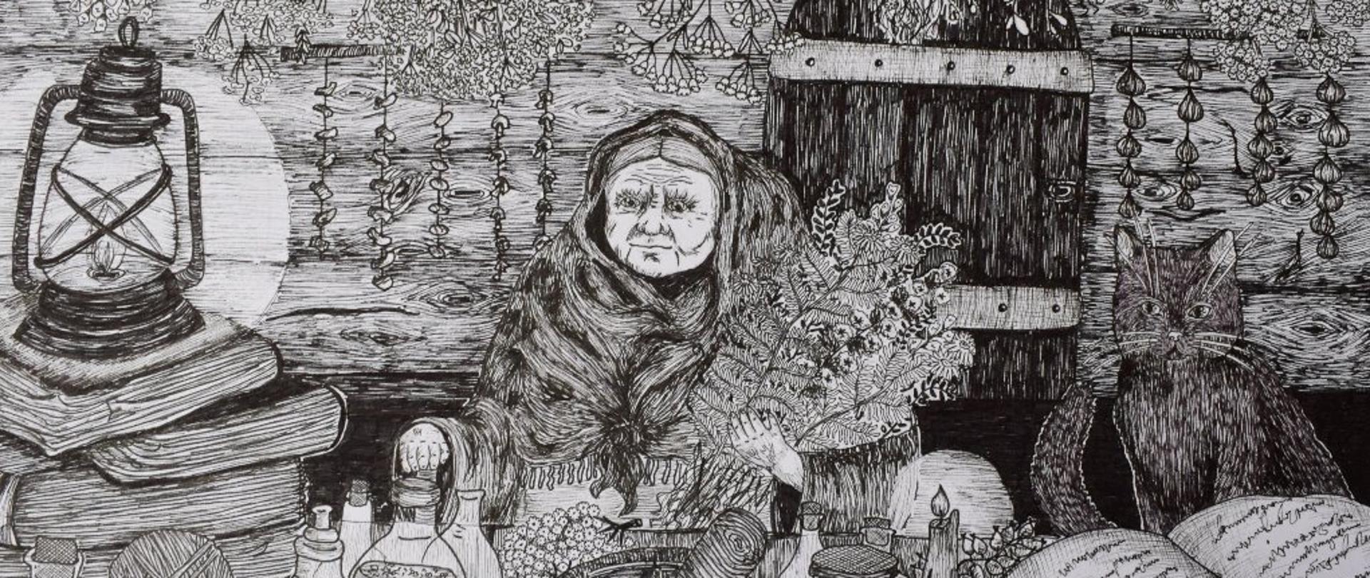 I miejsce - Maria Tichoniuk (16 l.) za pracę "Moc w ziołach zaklęta". Grafika przedstawia starszą osobę w trakcie tworzenia wywaru w otoczeniu ziół.