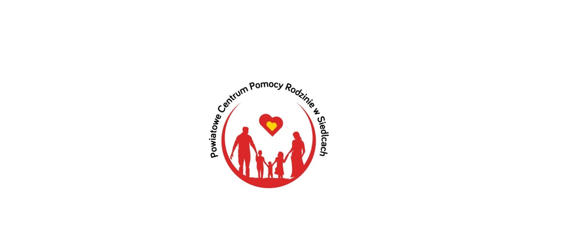 Logo w kolorze czerwonym przedstawia rodzinę trzymającą się za ręce