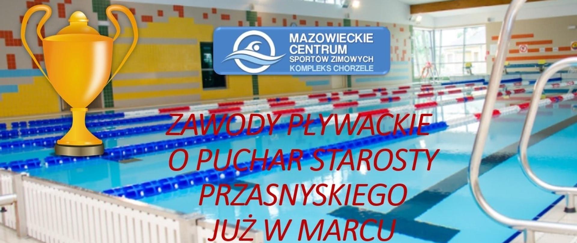 Grafika promująca zbliżające się w marcu wydarzenie sportowe - zawody pływackie o puchar starosty przasnykiego