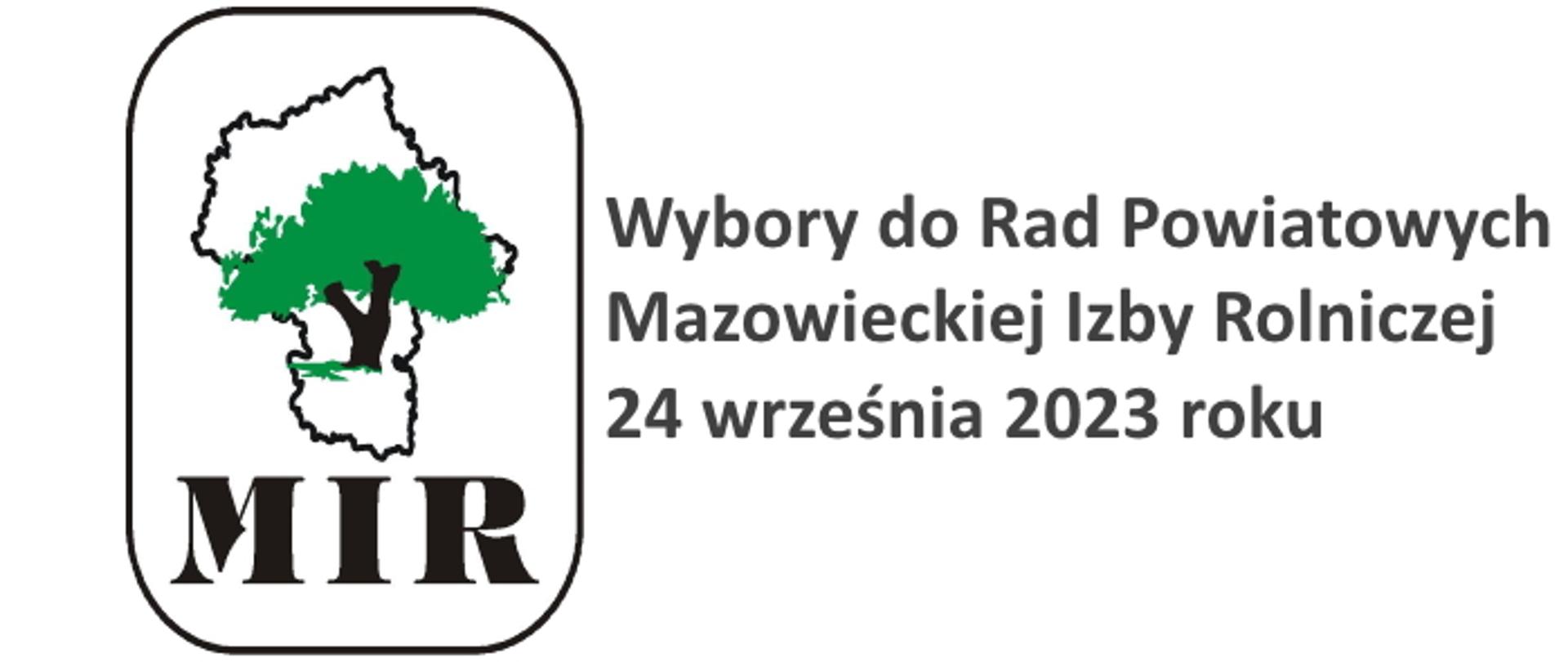 Rysunek drzewa na tle konturów województwa Mazowieckiego z podpisem MIR. Wybory do Rad Powiatowych Mazowieckiej Izby Rolniczej 24 września 2023 roku