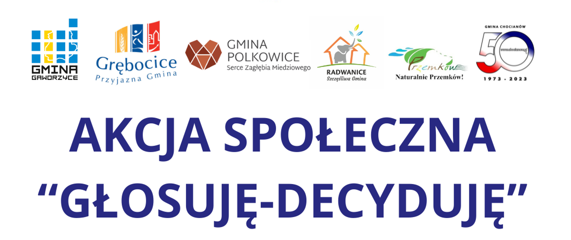 Znaki identyfikacyjne gmin powiatu na białym tle oraz granatowe litery i znak powiatu.