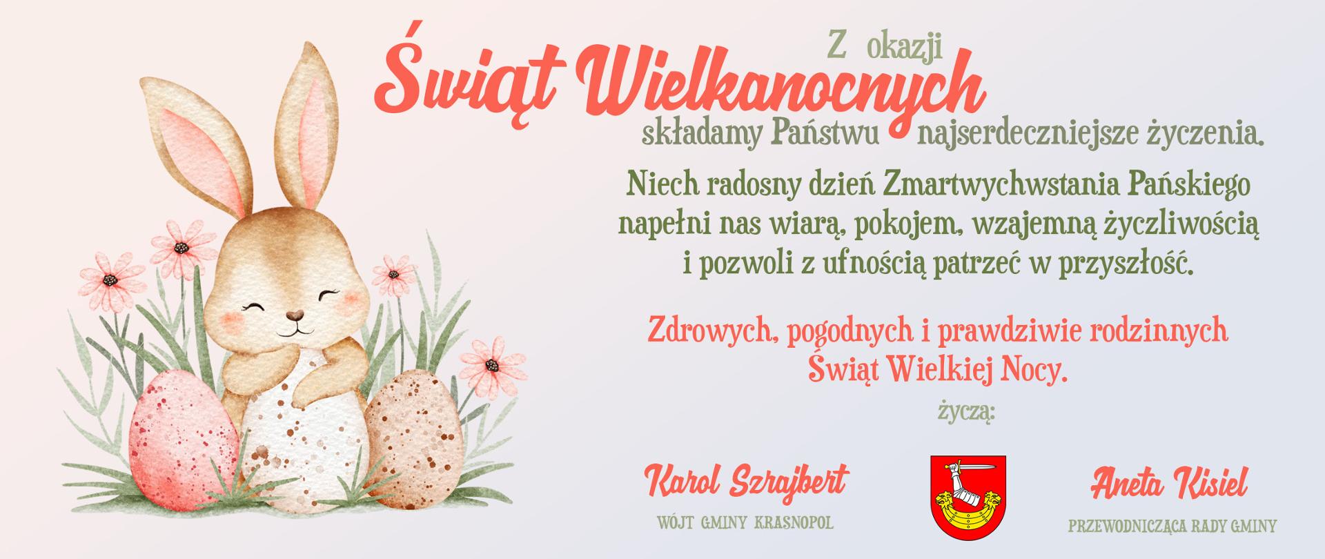 Grafika przedstawia kartkę świąteczną z okazji Świąt Wielkanocnych. Po lewej stronie znajduje się ilustracja utrzymana w pastelowej stylistyce: uśmiechnięty zajączek siedzący wśród trawy i kwiatów, obok dwóch pisanek w odcieniach różu i beżu.
Po prawej stronie umieszczono tekst życzeń w języku polskim:
„Świąt Wielkanocnych
Z okazji składamy Państwu najserdeczniejsze życzenia.
Niech radosny dzień Zmartwychwstania Pańskiego napełni nas wiarą, pokojem, wzajemną życzliwością i pozwoli z ufnością patrzeć w przyszłość.
Zdrowych, pogodnych i prawdziwie rodzinnych Świąt Wielkiej Nocy.”
Poniżej widnieje informacja o nadawcach życzeń:
Karol Szrajbert – Wójt Gminy Krasnopol
Aneta Kisiel – Przewodnicząca Rady Gminy
Pomiędzy podpisami znajduje się herb Gminy Krasnopol.