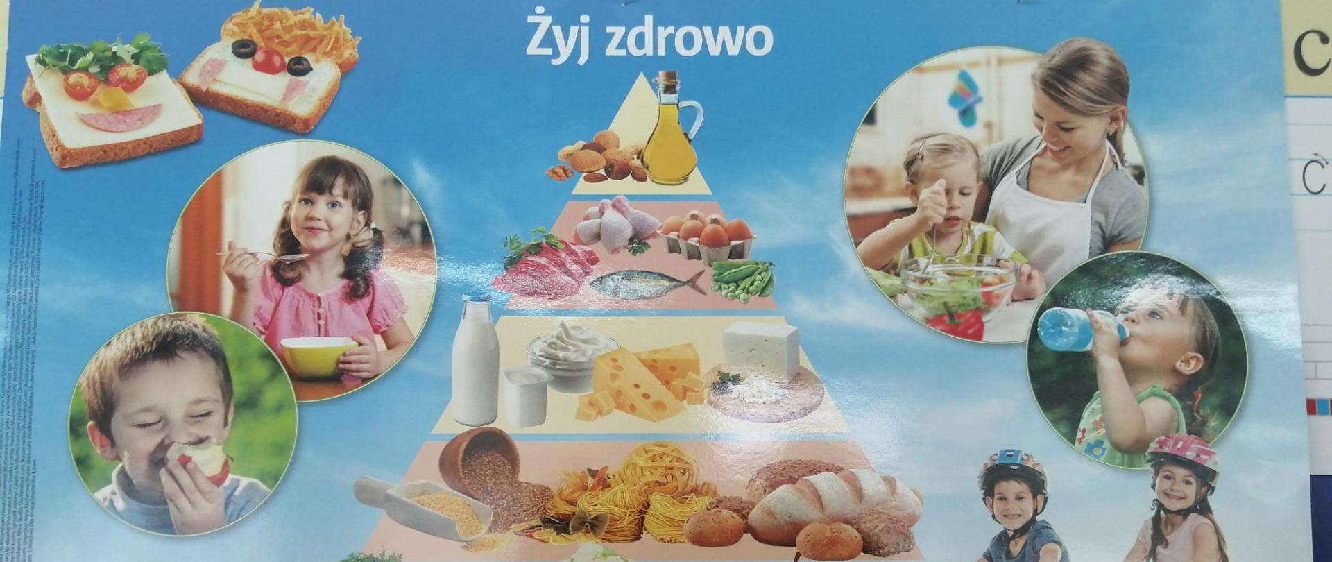 Tablica z napisem żyj zdrowo i produktami spożywczymi