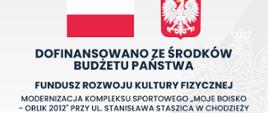 Grafika przedstawia oficjalną tablicę informacyjną dotyczącą dofinansowania inwestycji sportowej ze środków budżetu państwa w Polsce.
Na górze znajdują się:
flaga Polski,
godło Polski z białym orłem na czerwonym tle.
Centralną część zajmuje duży napis:
„DOFINANSOWANO ZE ŚRODKÓW BUDŻETU PAŃSTWA”
Poniżej widnieje informacja o programie:
„FUNDUSZ ROZWOJU KULTURY FIZYCZNEJ”
Następnie opis inwestycji:
„Modernizacja kompleksu sportowego „Moje Boisko – Orlik 2012” przy ul. Stanisława Staszica w Chodzieży”