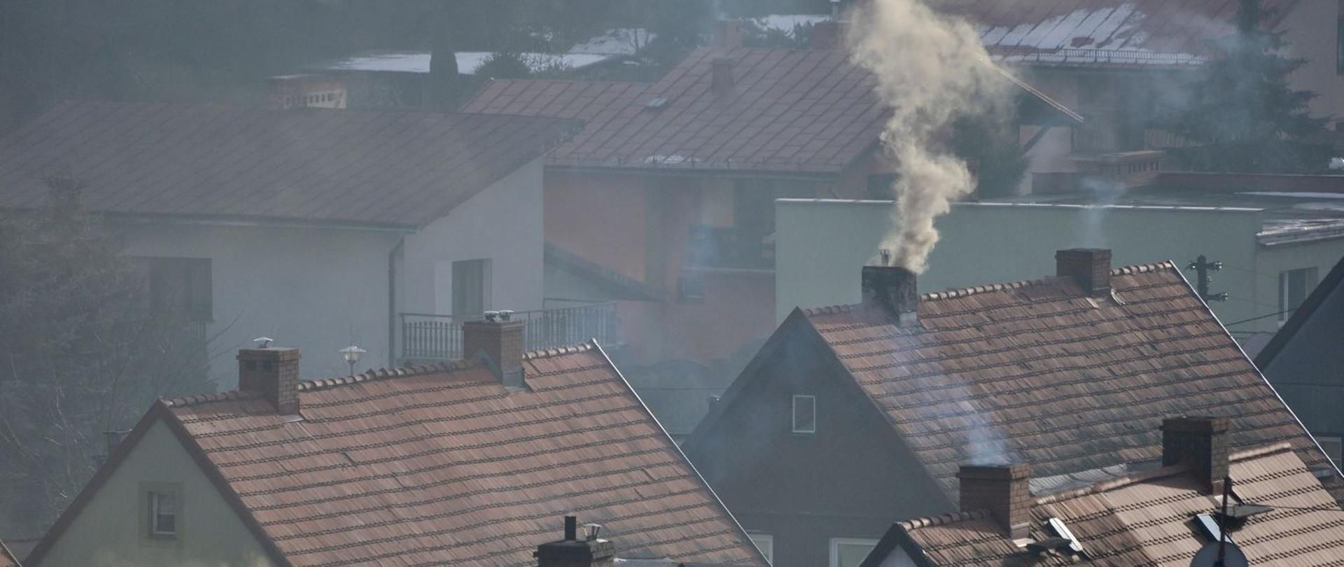 Wiele dachów domów, z których jeden wydaje dym z komina. Dachy mają różne odcienie brązu i szarości, co wskazuje na różne materiały lub stopień zużycia. Widoczne są liczne kominy, ale tylko jeden aktywnie dymi. 