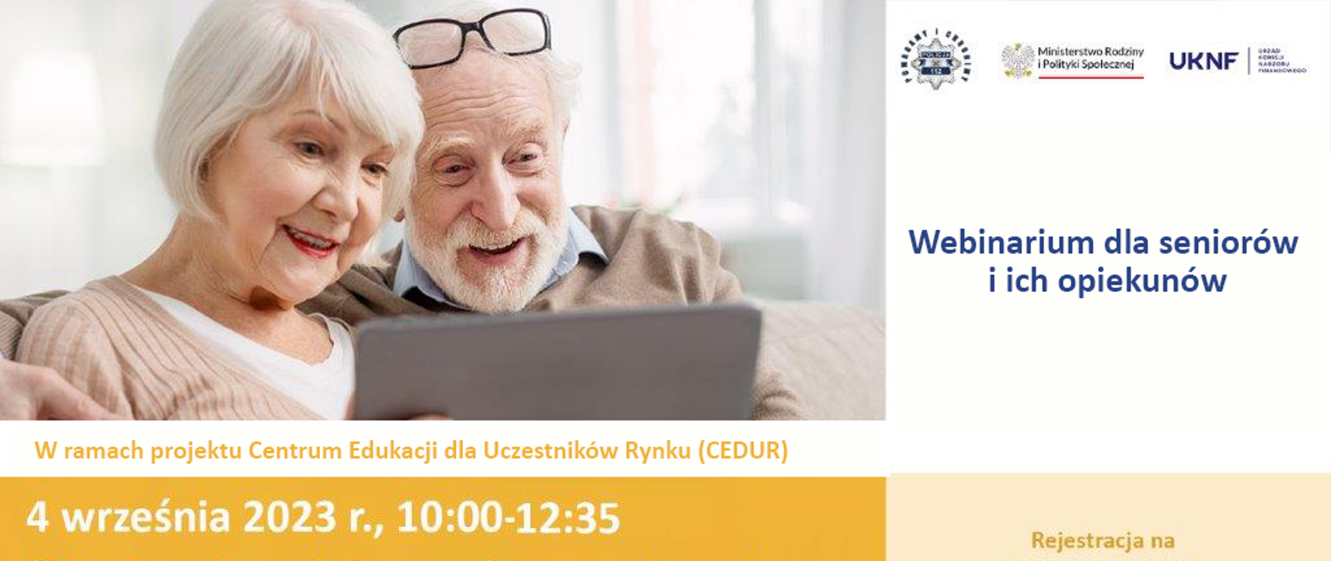 Banner promujący webinarium dla seniorów i opiekunów