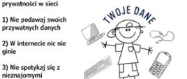 Na białym tle chłopiec, wokół niego komputer, telefon, klawiatura i myszka, z lewej strony informacje jak zachować prywatność w sieci.