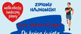 Plakat informujący o biegu charytatywnym. Na niebieskim tle informacje organizacyjne oraz grafika dwóch osób biegających 