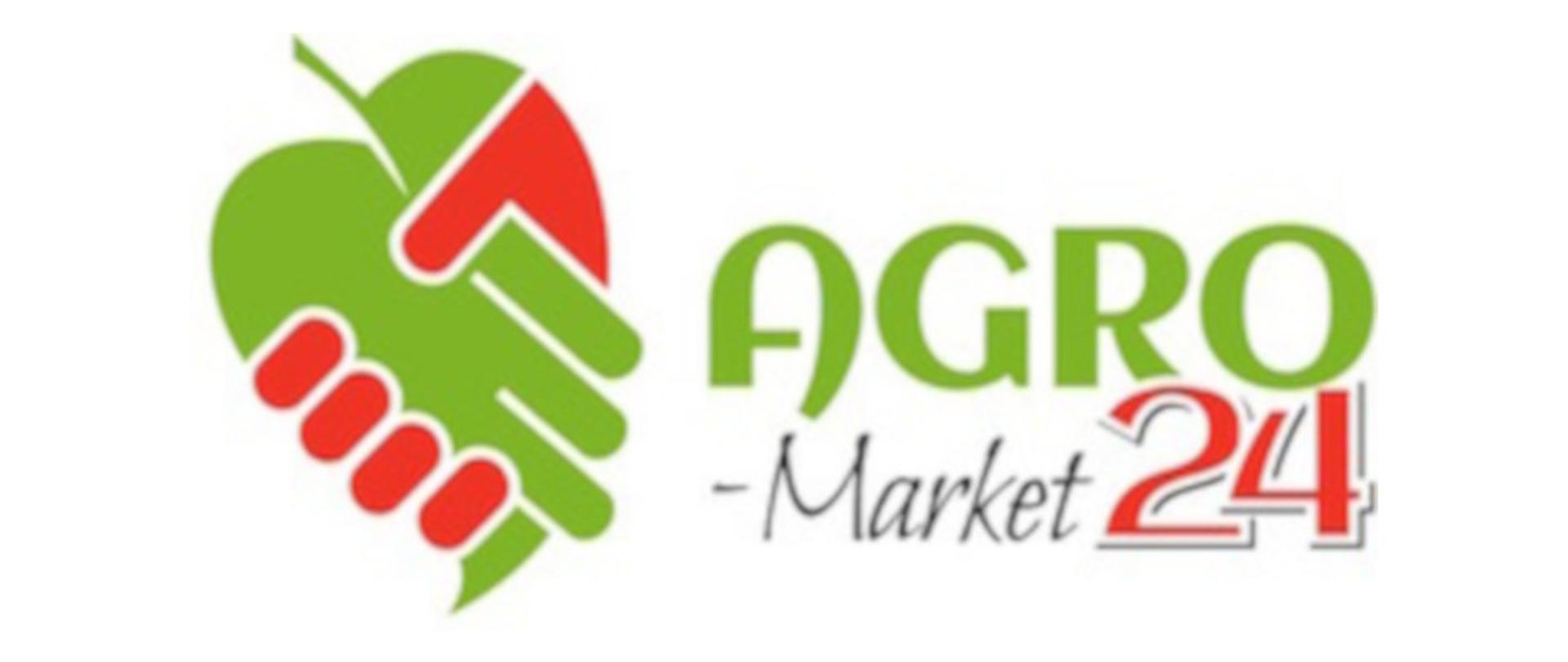 po lewej dłonie ściśnięte w geście powitania stylizowane na kształt liścia w barwach zielono-czerwonym, po prawej zielony napis AGRO, poniżej czarny napis -Market i czerwony napis 24