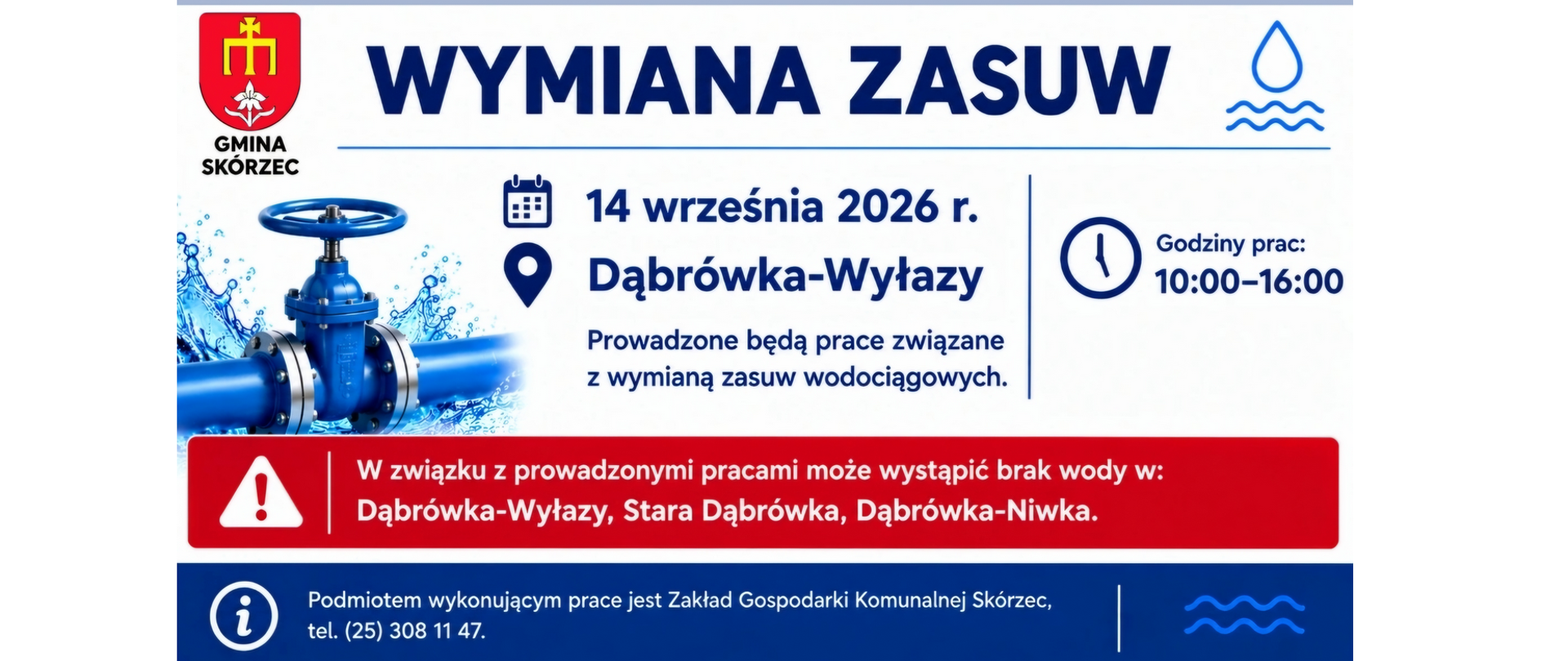 Wymiana zasuw wodociągowych Dąbrówka-Wyłazy 14 wrześnie 2026 r.