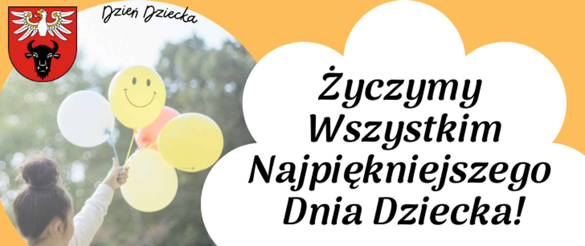 na obrazku znajduje się z lewej strony kawałek fotografii na której widać tył głowy dziewczynki która trzyma w eku 5 balonów, z prawej strony biała chmura, a na niej tekst z życzeniami 