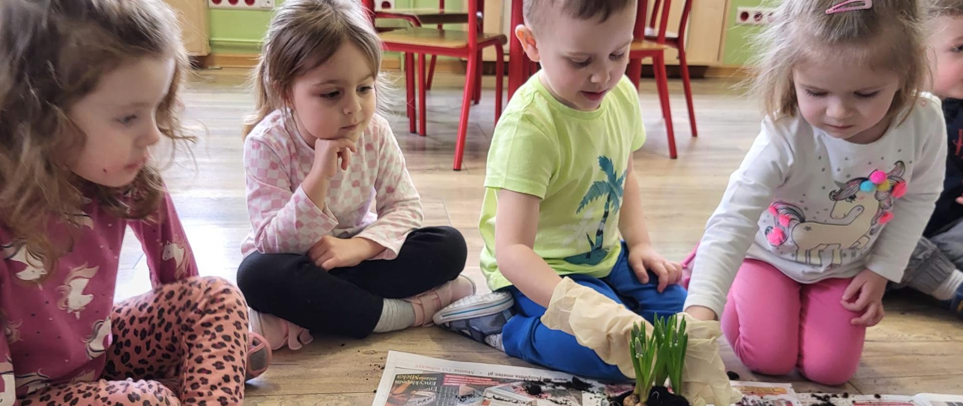 Dzieci sadzą cebulki wiosennych roślin