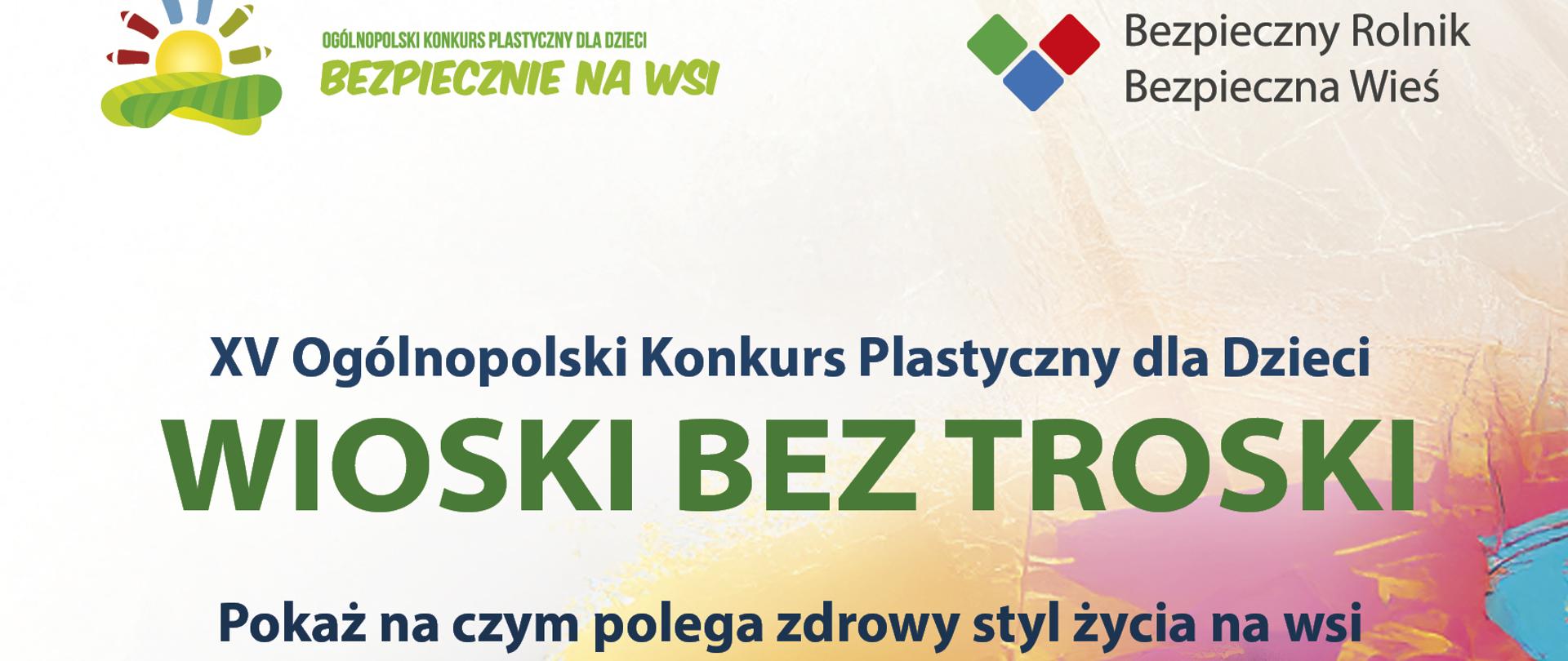 Plakat przedstawia informacje dotyczące konkursu plastycznego organizowanego przez KRUS. W tle widzimy różne pędzle i farby jak również kolorową mozaikę.