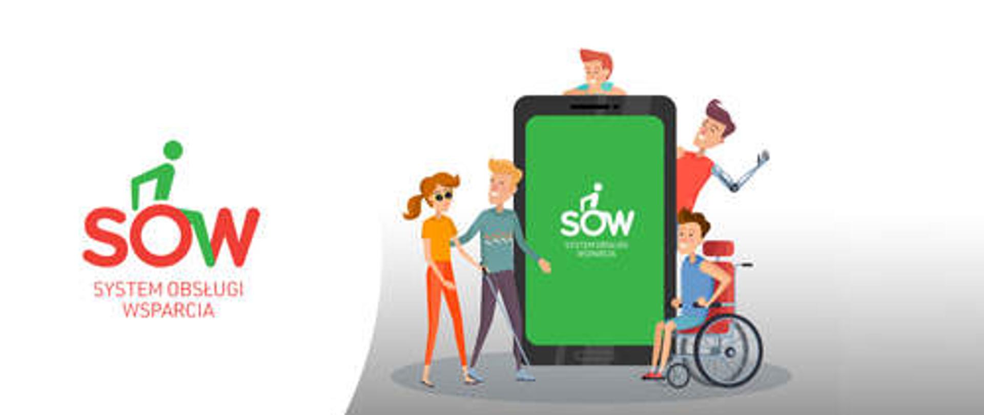 kolorowy banner Systemu SOW PFRON, na obrazku znajdują się osoby niepełnosprawne, które trzymają tablet