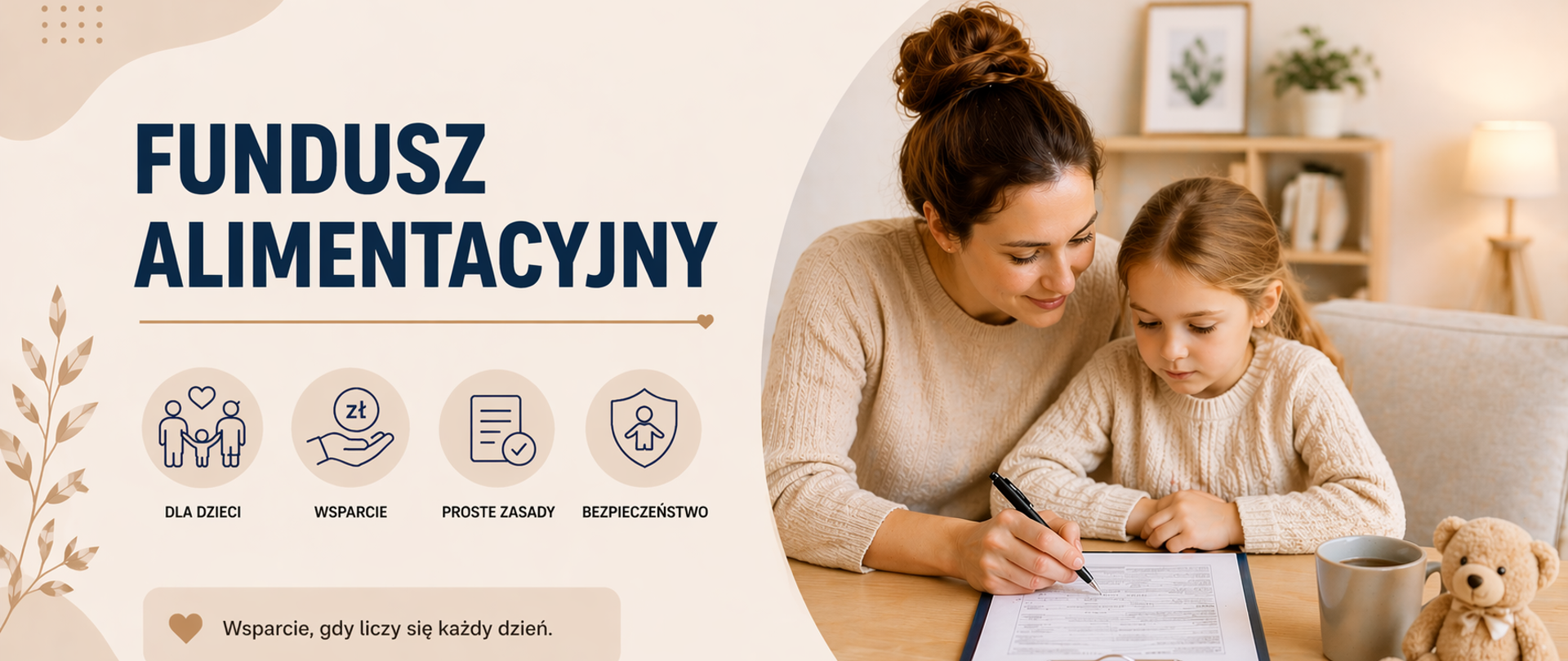 Panoramiczna grafika informacyjna utrzymana w jasnej, stonowanej kolorystyce (odcienie beżu i kremu), o nowoczesnym i minimalistycznym charakterze. Po lewej stronie znajduje się nagłówek „Fundusz Alimentacyjny” oraz proste, czytelne ikony symbolizujące wsparcie dla dzieci, pomoc finansową, jasne zasady oraz poczucie bezpieczeństwa.
Po prawej stronie widoczna jest ilustracja przedstawiająca dorosłą osobę i dziecko podczas wspólnego wypełniania dokumentów przy stole. Scena podkreśla codzienne wsparcie, zaangażowanie oraz troskę o dobro dziecka.
Całość ma przejrzysty układ i ograniczoną ilość tekstu, dzięki czemu grafika jest czytelna, estetyczna i dobrze dopasowana do formatu panoramicznego – idealna do wykorzystania na stronie internetowej lub w mediach społecznościowych.