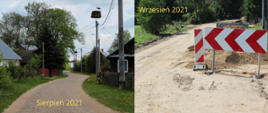 Kolaż zdjęć: po lewej sierpień 2021 - bruk, po prawej wrzesień 2021 - prace na drodze Powiatowej, roboty rozbiórkowe