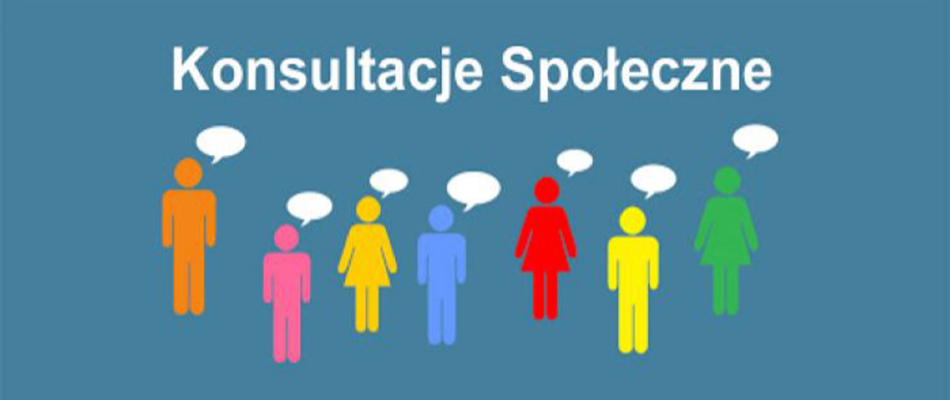 zdjęcie przedstawia siedem kolorowych ludzików z chmurkami nad głowami, wszystko jest na niebieskim tle , na górze napis na biało konsultacje społeczne 