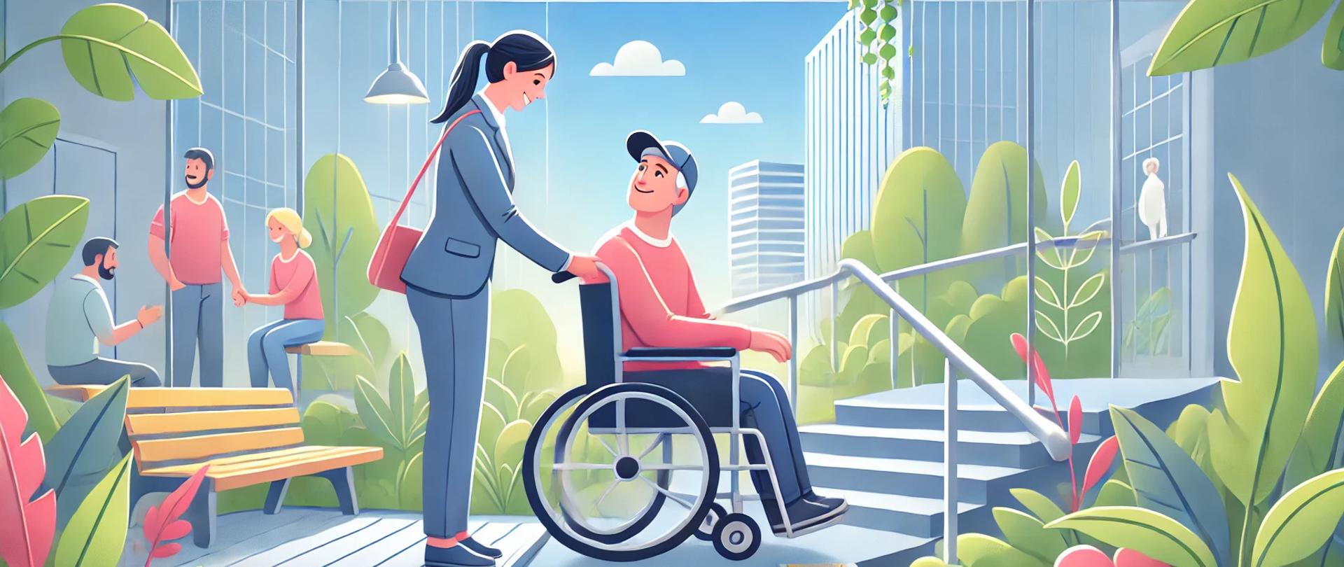 Ilustracja przedstawia asystenta osobistego pomagającego osobie na wózku inwalidzkim w nowoczesnym miejskim otoczeniu, z widocznymi udogodnieniami, takimi jak rampy i ścieżki dotykowe.