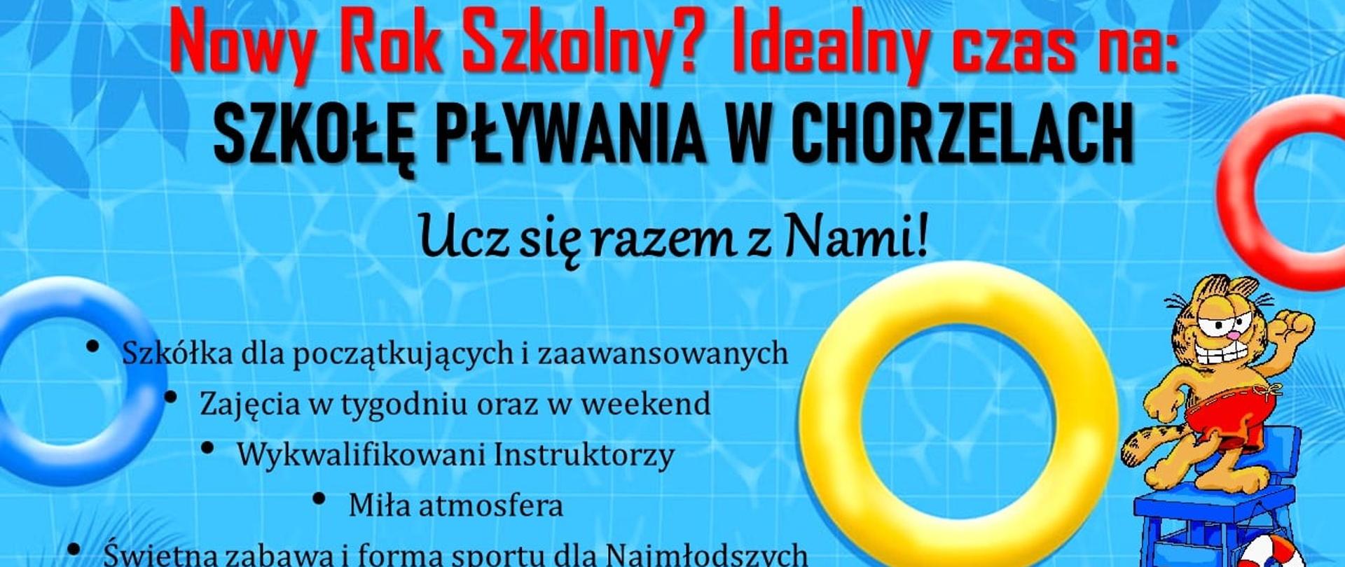 Grafika promująca Szkołę Pływania w Chorzelach. Treść: "Nowy rok szkolny? Idealny czas na szkołę pływania w Chorzelach, ucz się razem z nami! Szkółka dla początkujących i zaawansowanych, zajęcia w tygodniu oraz w weekend, wykwalifikowani instruktorzy, miła atmosfera, świetna zabawa i forma sportu dla najmłodszych. Cena 20 złotych za osobę za 60 minut zajęć".