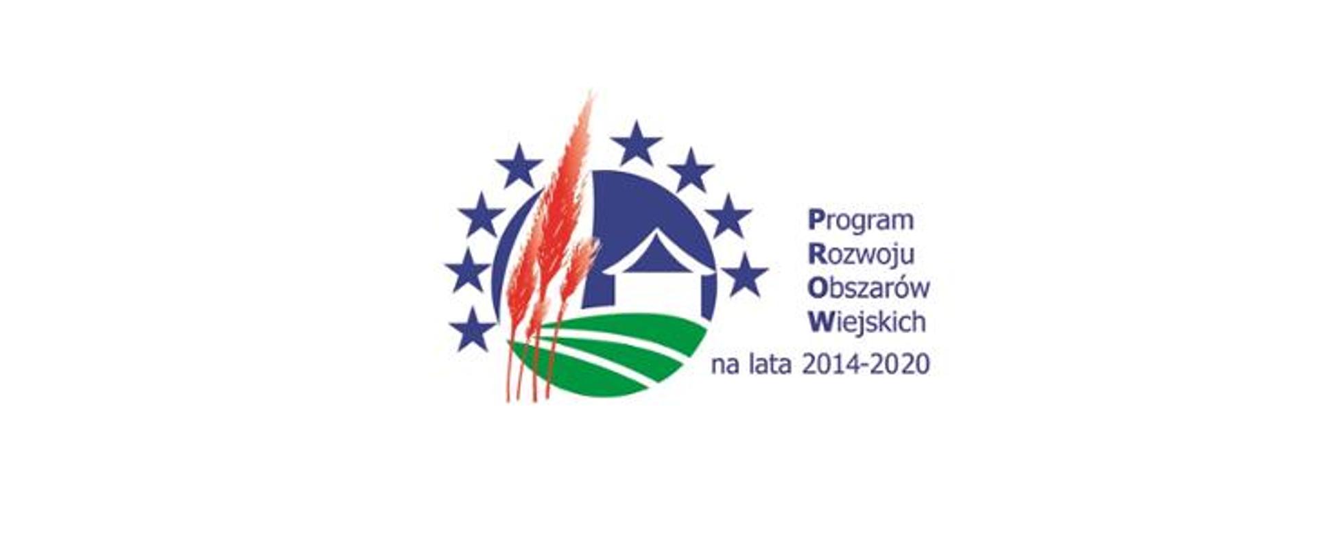 Logo z domem, zielonym polem i czerwonymi kłosami. Nad nimi niebieskie gwiazdki. Program Rozwoju Obszarów Wiejskich.
