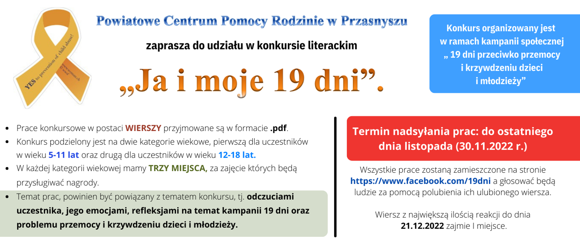 Grafika informująca o inicjatywie Powiatowego Centrum Pomocy Rodzinie w Przasnyszu, które zaprasza do udziału w konkursie literackim. Treść grafiki w artykule.