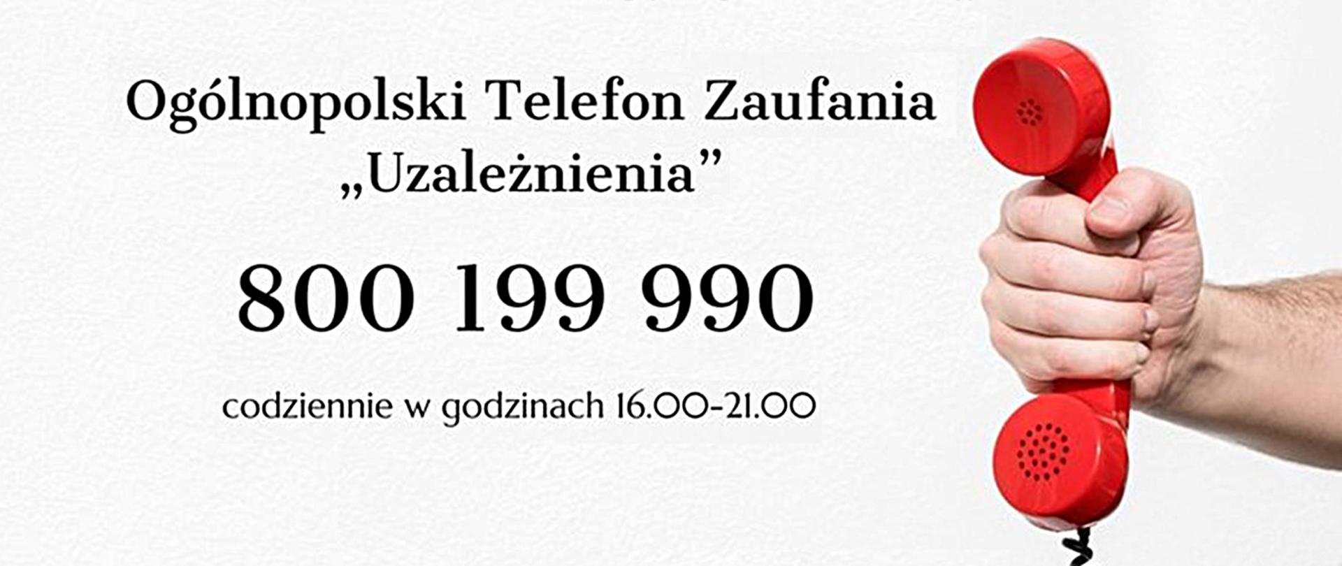 Na szarym tle ręka trzymająca czerwoną słuchawkę telefoniczną. Obok z lewej strony napis Ogólnopolskie telefon zaufania 800 199 990.