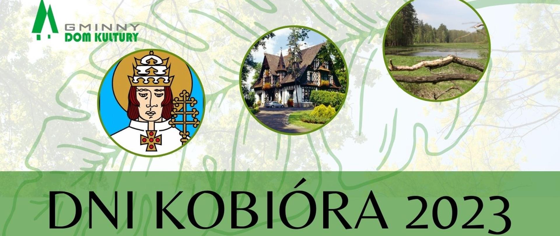Na górze logo GDK Kobiór, trzy obrazki w okrągłych ramkach - św. Urban, zamek w Promnicach, zalewy. Poniżej na zielonym tle czarny napis dni Kobióra 2023. Poniżej plan obchodów dni Kobióra.