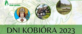 Na górze logo GDK Kobiór, trzy obrazki w okrągłych ramkach - św. Urban, zamek w Promnicach, zalewy. Poniżej na zielonym tle czarny napis dni Kobióra 2023.