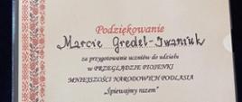Podziękowania Marcie Gredel - Iwaniuk za przygotowania uczniów do udziału w konursie
