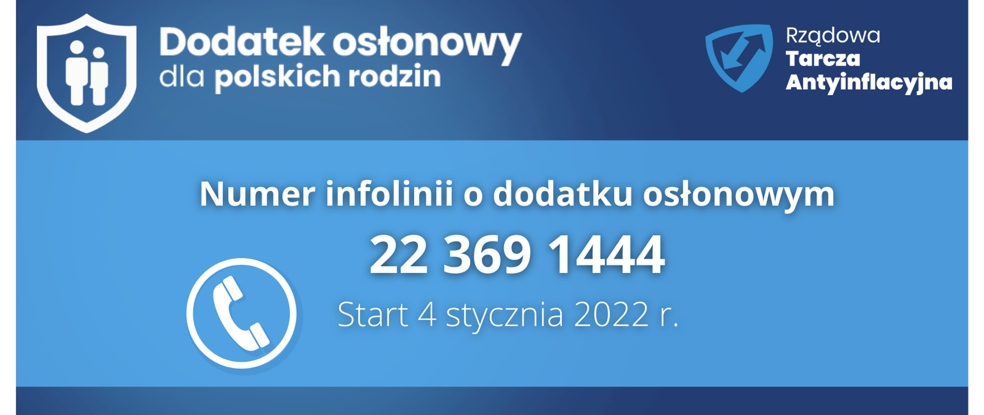 logo dodatku osłonowego dla polskich rodzin, biały napis na niebieskim tle