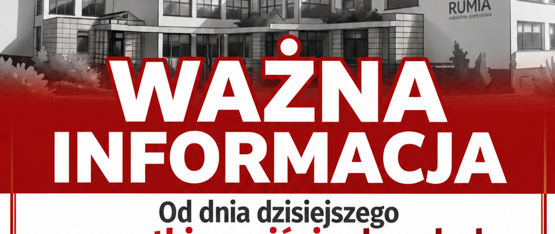 Pionowa grafika informacyjna w kolorystyce czerwonej, białej i szarej. W górnej części znajduje się napis „SZKOŁA PODSTAWOWA NR 10 W Rumi”, poniżej nazwa patrona, adres szkoły oraz logo Rumi w prawym górnym rogu. Pod napisem widoczny jest rysunek budynku szkoły. W środkowej części, na czerwonym tle, znajduje się duży biały napis „WAŻNA INFORMACJA”. Poniżej na białym tle umieszczono komunikat: „Od dnia dzisiejszego wszystkie wejścia do szkoły są zamknięte”. Pod nim znajduje się informacja skierowana do rodziców, opiekunów i petentów dotycząca przestrzegania zasad bezpieczeństwa.
W dolnej części znajdują się trzy czerwone pola z okrągłymi ilustracjami. Po lewej widoczna jest karta przykładana do czytnika i napis „ZAKAZ OTWIERANIA DRZWI OBCYM”. Pośrodku znajduje się ilustracja pracownika szkoły oraz napis „WEJŚCIE MOŻLIWE PO ZGŁOSZENIU PRACOWNIKOWI SZKOŁY”. Po prawej znajduje się tarcza z symbolem bezpieczeństwa oraz napis „W TROSCE O BEZPIECZEŃSTWO NASZYCH UCZNIÓW I PRACOWNIKÓW”. Na samym dole, na czerwonym tle, znajduje się biały napis: „Dziękujemy za zrozumienie i współpracę o bezpieczeństwo naszych uczniów i pracowników!”.