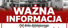 Pionowa grafika informacyjna w kolorystyce czerwonej, białej i szarej. W górnej części znajduje się napis „SZKOŁA PODSTAWOWA NR 10 W Rumi”, poniżej nazwa patrona, adres szkoły oraz logo Rumi w prawym górnym rogu. Pod napisem widoczny jest rysunek budynku szkoły.
W środkowej części, na czerwonym tle, znajduje się duży biały napis „WAŻNA INFORMACJA”.
Poniżej na białym tle umieszczono komunikat: „Od dnia dzisiejszego wszystkie wejścia do szkoły są zamknięte”. Pod nim znajduje się informacja skierowana do rodziców, opiekunów i petentów dotycząca przestrzegania zasad bezpieczeństwa.
W dolnej części znajdują się trzy czerwone pola z okrągłymi ilustracjami. Po lewej widoczna jest karta przykładana do czytnika i napis „ZAKAZ OTWIERANIA DRZWI OBCYM”. Pośrodku znajduje się ilustracja pracownika szkoły oraz napis „WEJŚCIE MOŻLIWE PO ZGŁOSZENIU PRACOWNIKOWI SZKOŁY”. Po prawej znajduje się tarcza z symbolem bezpieczeństwa oraz napis „W TROSCE O BEZPIECZEŃSTWO NASZYCH UCZNIÓW I PRACOWNIKÓW”. Na samym dole, na czerwonym tle, znajduje się biały napis: „Dziękujemy za zrozumienie i współpracę o bezpieczeństwo naszych uczniów i pracowników!”.
