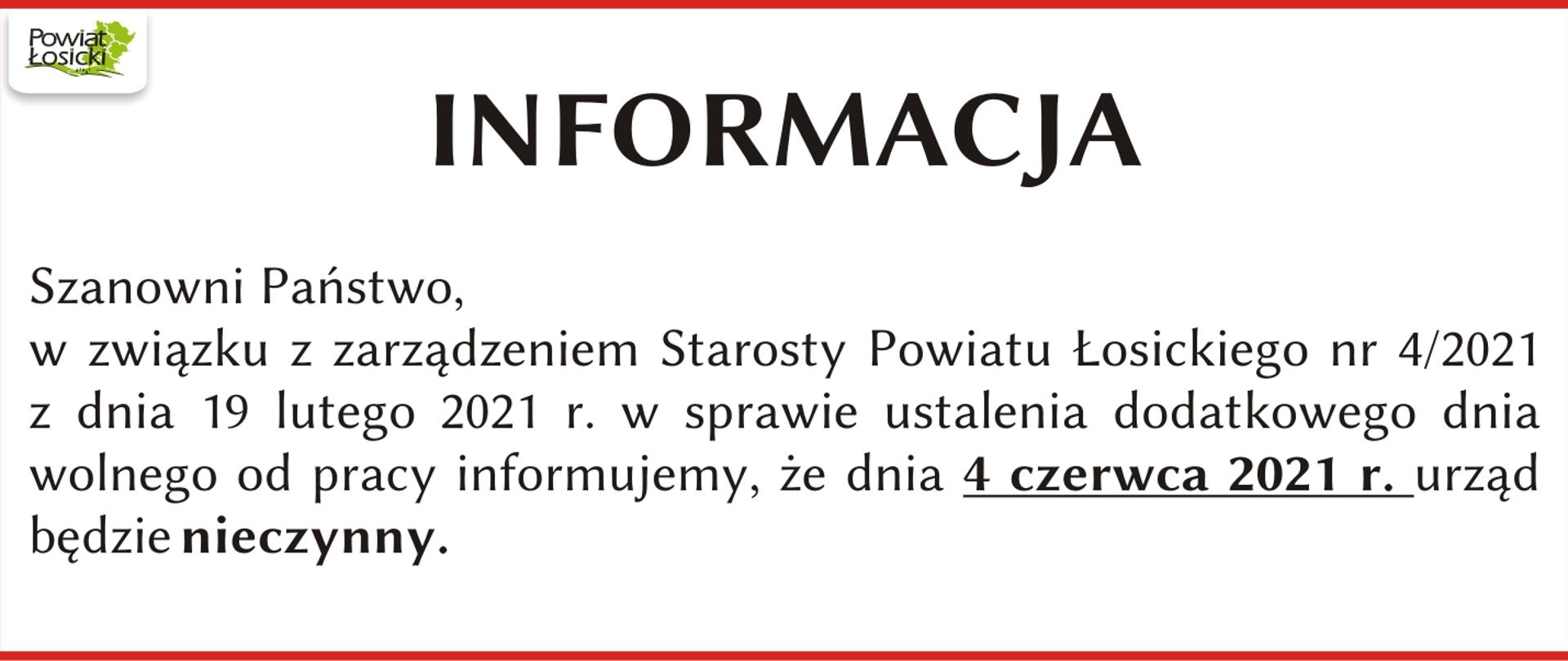 Informacja dotycząca dnia wolnego w dniu 4 czerwca 2021 