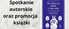 Na szarym tle logo biblioteki, treść merytoryczna (miejsce i data wydarzenia) oraz zdjęcie okładki książki
