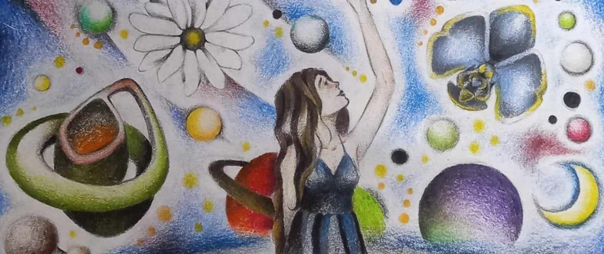 Obraz przedstawia dziewczynę sięgającą po kwiat słonecznika, dziewczyna wyrasta z głowy u dołu kompozycji, stoi na tle fantazyjnego nieba pełnego planet , kwiatów i księzyców.
