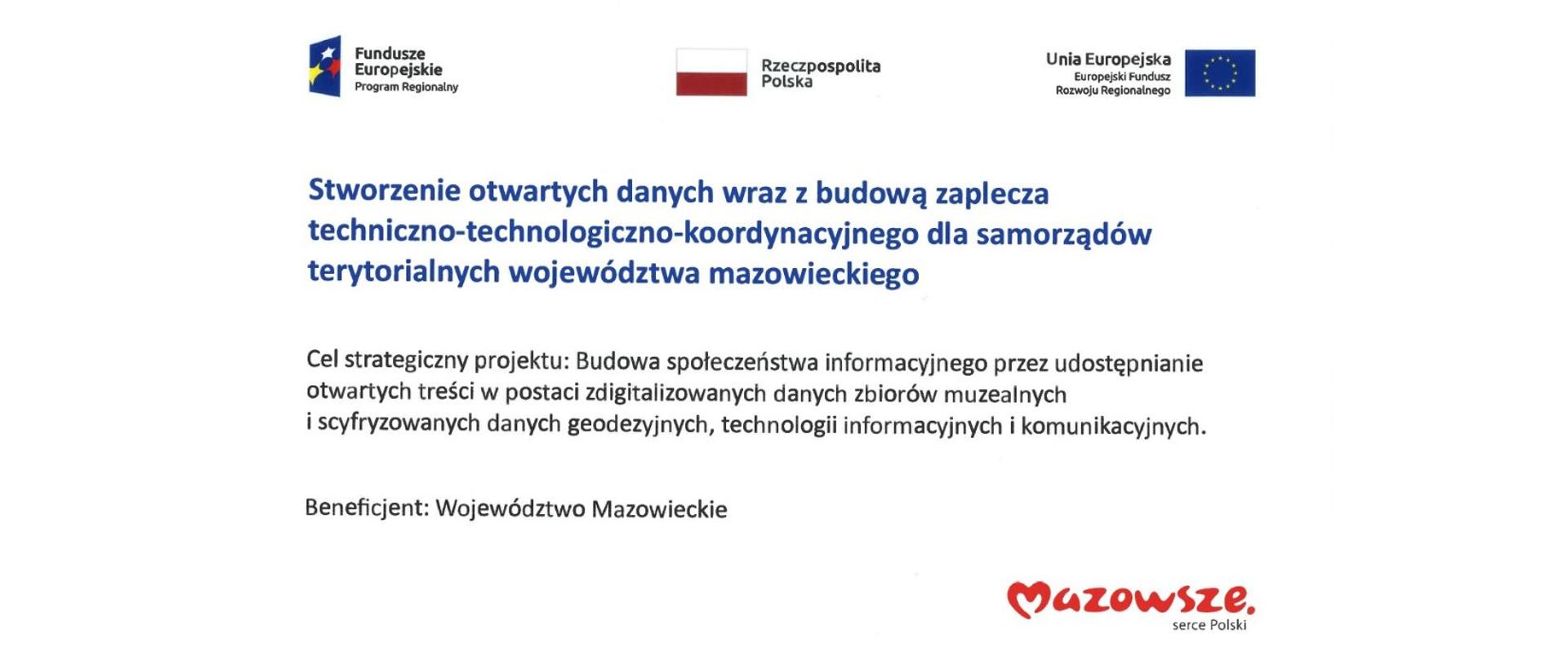 Informacje o Projekcie na białym tle. W grafice logotypy: "Fundusze Europejskie Program Regionalny, "Mazowsze serce Polski", Flaga Polski i Flaga Unii Europejskiej.