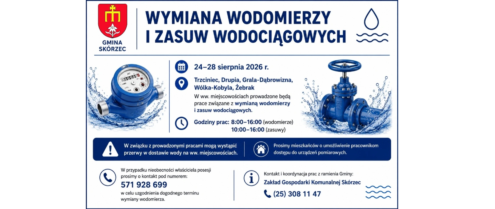 Wymiana wodomierzy i zasuw Trzciniec, Drupia, Grala- Dąbrowizna, Wólka-Kobyla, Żebrak