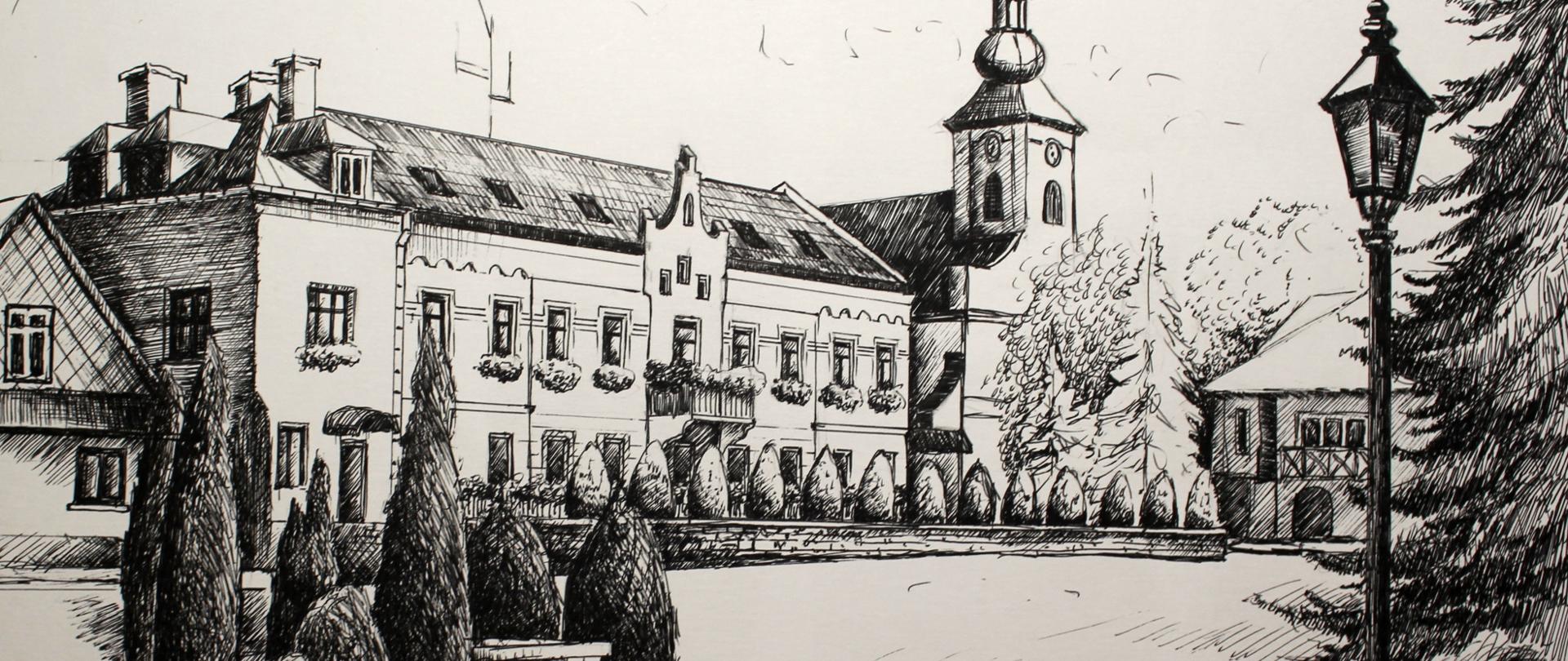 Obraz wykonany ołówkiem, przedstawiający widok rynku w Tymbarku wraz z Urzędem Gminy i Kościołem