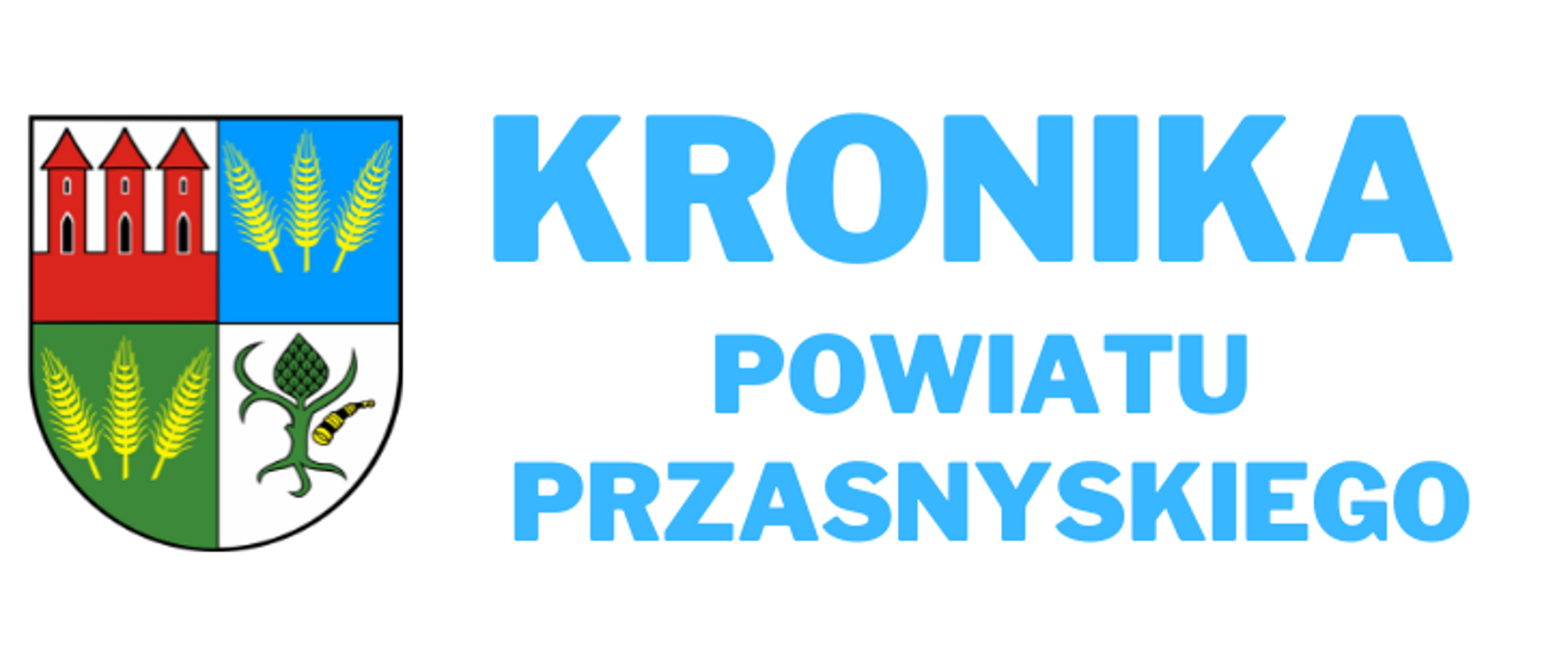 Grafika przedstawia herb Powiatu Przasnyskiego po lewej stronie i niebieski napis "Kronika Powiatu Przasnyskiego" biegnąca od środka do prawej strony,