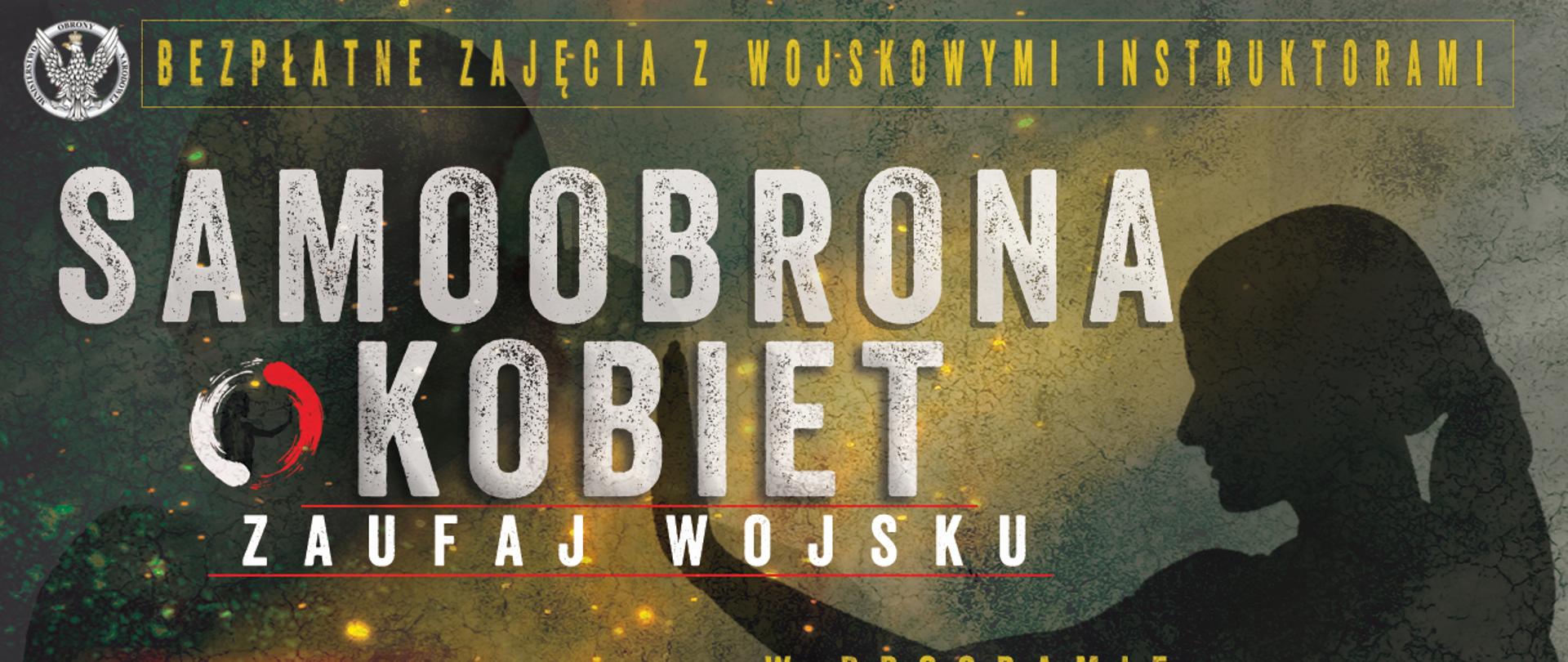 plakat w ciemnych kolorach białe i żółte litery po prawej stronie zarys kobiety 
