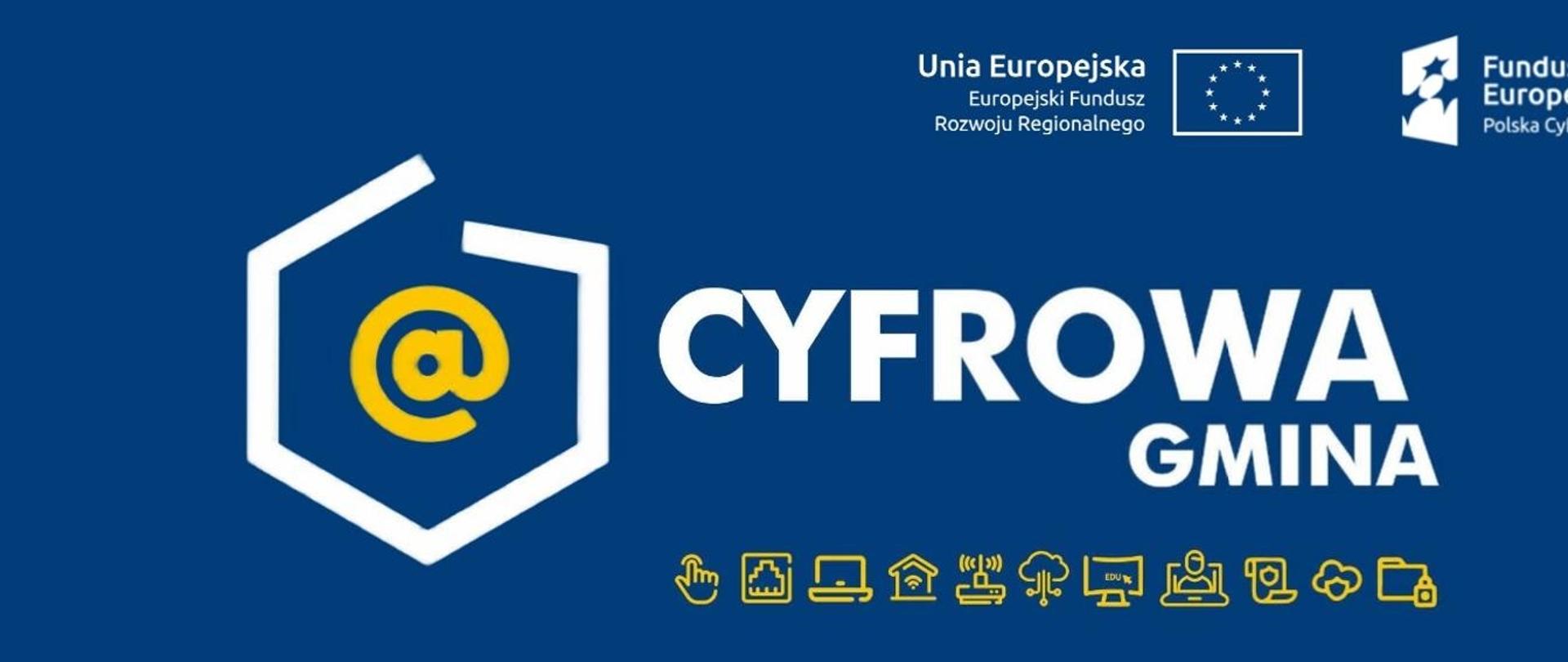 Baner promujący realizację projektu Cyfrowa Gmina Oś V. Rozwój cyfrowy JST oraz wzmocnienie cyfrowej odporności na zagrożenia - REACT-EU 