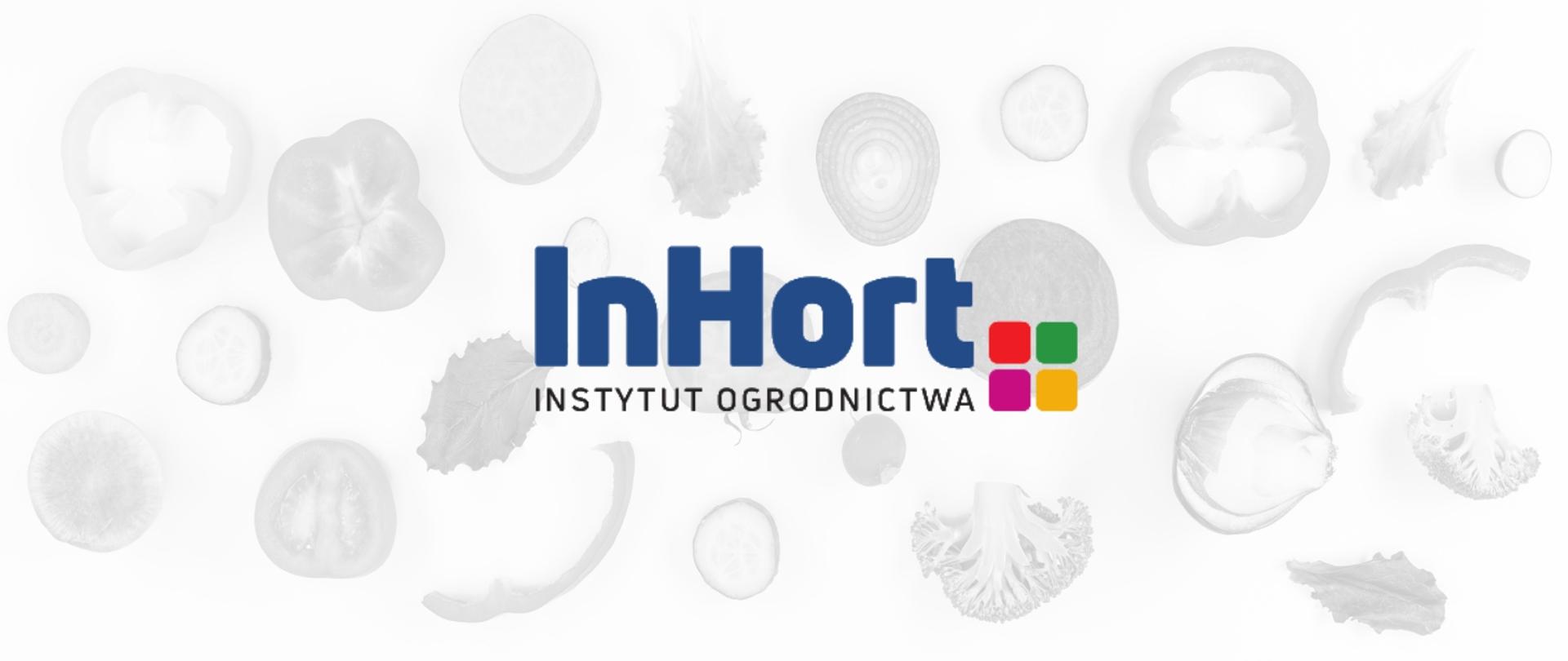 Grafika przedstawia logo Instytutu Ogrodnictwa, które składa się z niebieskiego napisu "InHort", poniżej znajduje się napis "Instytut ogrodnictwa". Na prawo cztery kolorowe kwadraty. W tle znajdują się pocięte w plastry warzywa.