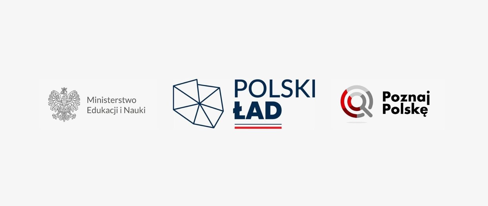 Logotypy: Ministerstwo Edukacji i Nauki, Polski Ład I Poznaj Polskę na białym tle