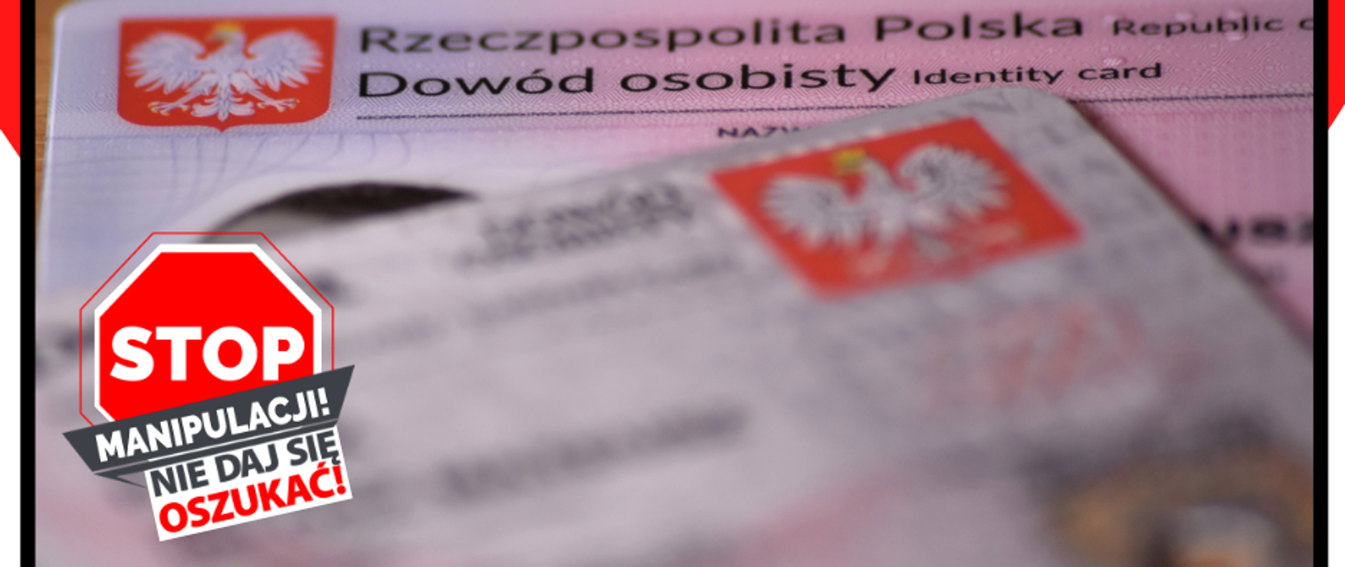 na zdjęciu znajduje się napis na górze "OSZUSTWA NA SPIS POWSZECHNY", na dole zdjęcia pięć logotypów, w lewym dolnym rogu znak stopu z napisem "STOP MANIPULACJI! NIE DAJ SIĘ OSZUKAĆ", a w tle dowód osobisty