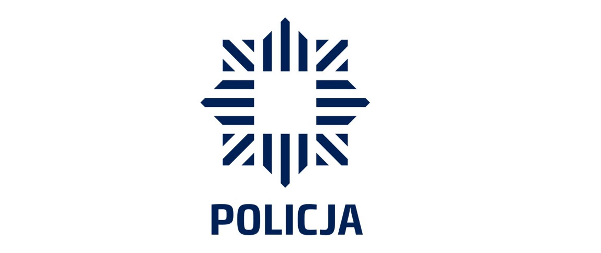 logo policja znak graficzny oraz napis policja w kolorze ciemno niebieskim białe tło