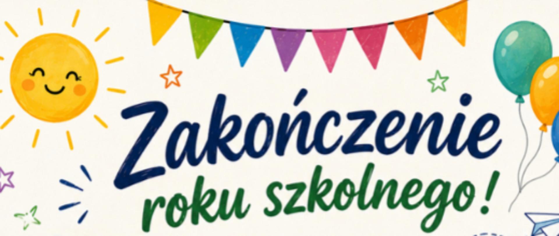 Plakat z okazji zakończenia roku szkolnego z życzeniami dla uczniów i ósmoklasistów, ozdobiony motywami szkolnymi i wakacyjnymi oraz herbem Gminy Wietrzychowice.