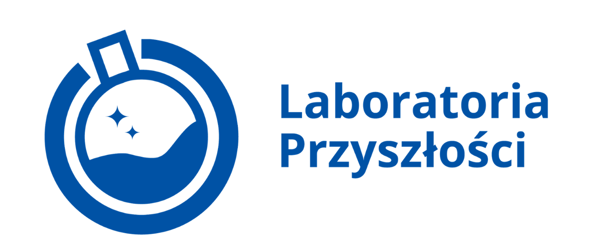 Na białym tle granatowe logo rządowego programu Laboratoria Przyszłości, obok loga nazwa programu.
